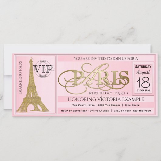 Invitation Billet de fête d'anniversaire rose Paris (Devant)
