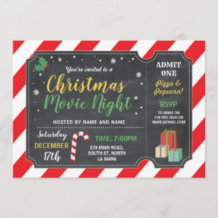 Invitation Billet de film de nuit de fête de Noël Holly Fun