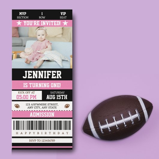 Invitation Billet de football rose fille fête d'anniversaire 