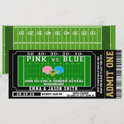 Invitation Billet de football rose ou bleu bébé Révélation de (Devant / Derrière)