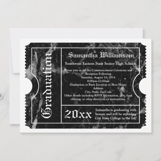 Invitation Billet de graduation moderne en marbre noir (Devant)