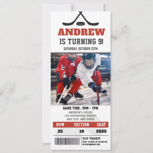 Invitation Billet de Hockey customisé Anniversaire avec photo (Devant)