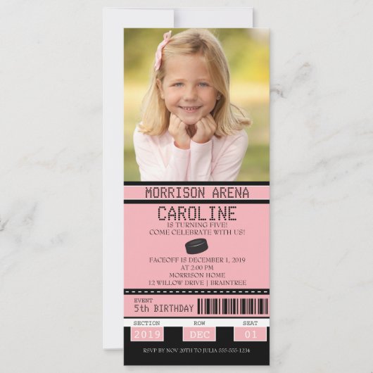 Invitation Billet de hockey féminin rose et noir Anniversaire (Devant)