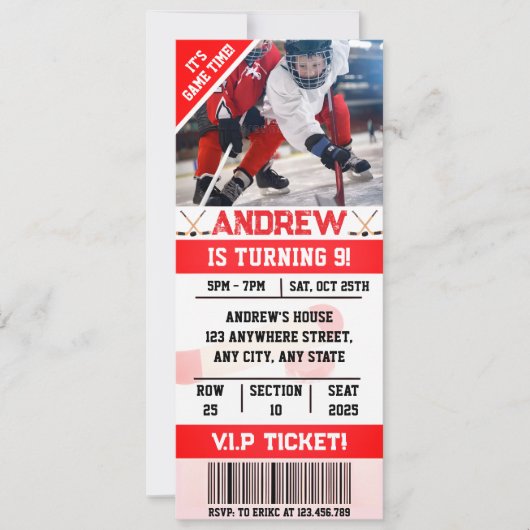 Invitation Billet de hockey numérique modifiable pour anniver (Devant)