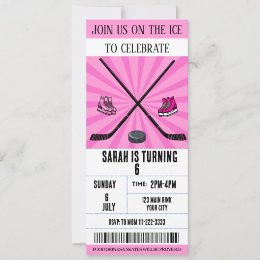 Invitation Billet de hockey sur glace Pink Bow Coquette (Devant)