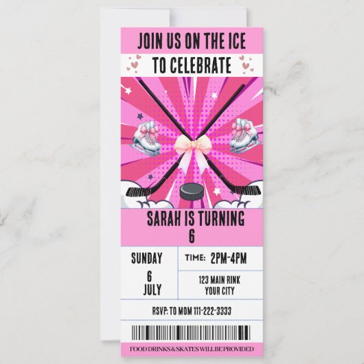 Invitation Billet de hockey sur glace Pink Bow Coquette (Devant)