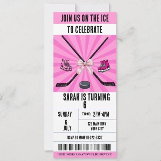 Invitation Billet de hockey sur glace Pink Bow Coquette (Devant)