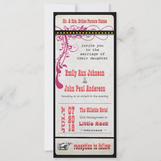Invitation Billet de jeu Mariage Raspberry Coral et Jaune (Devant)