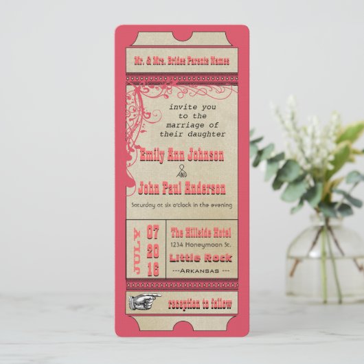 Invitation Billet de jeu Mariage Raspberry Coral et Jaune (Debout devant)