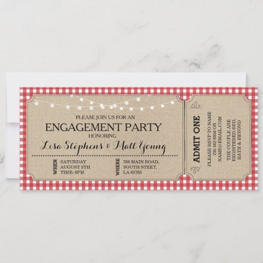 Invitation Billet de la partie d'engagement Red Check Rustic (Devant)