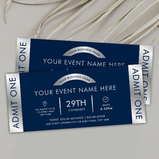 Invitation Billet de la Soirée Navy & Silver Logo Admettre Un