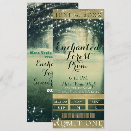 Invitation Billet de la soirée VIP Prom Bleu Vert de la Forêt (Devant / Derrière)
