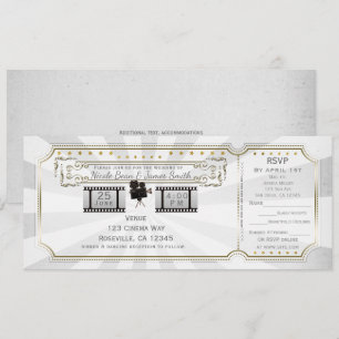 Invitation Billet de mariage de cinéma vintage en or blanc & 