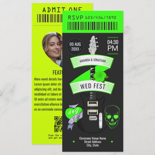 Invitation Billet de mariage Rock 'n' Roll Lime Électrique (Devant / Derrière)