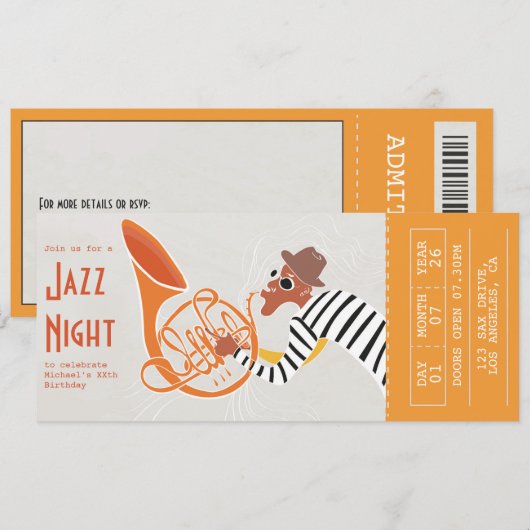 Invitation Billet de nuit Retro Jazz (Devant / Derrière)