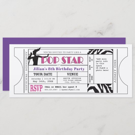 Invitation Billet de partie Vintage pop Star (Devant / Derrière)