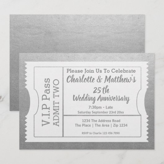 Invitation Billet de passe VIP 25e anniversaire Faux Argent (Devant / Derrière)