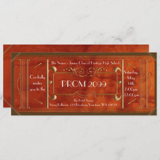 Invitation billet de PROM d'art déco, luxe en cuir (Devant / Derrière)