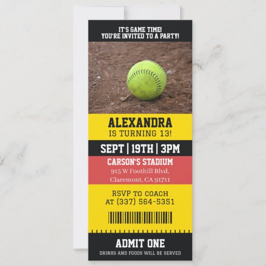 Invitation Billet de softball pour un anniversaire (Devant)