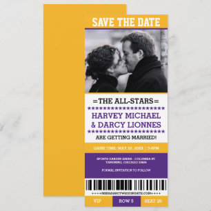 Invitation Billet de sport violet et jaune, Enregistrez la da