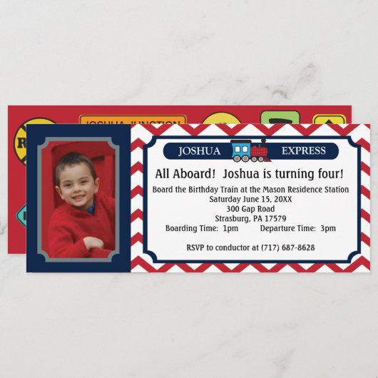 Invitation Billet de train de photo - Chevron rouge (Devant / Derrière)