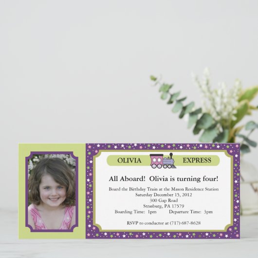 Invitation Billet de train de photo - pourpre et vert (Debout devant)