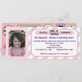 Invitation Billet de train de photo - rayures roses (Devant / Derrière)