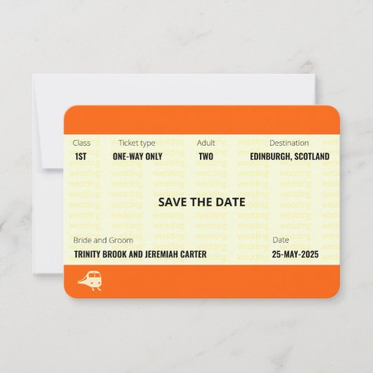 Invitation Billet de Train Inspiré | Mariage Économisez la Da (Devant)