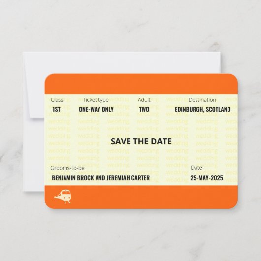 Invitation Billet de train inspiré | Mariage gay, save the da (Devant)