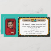 Invitation Billet de train photo - Turquoise et noir (Devant / Derrière)