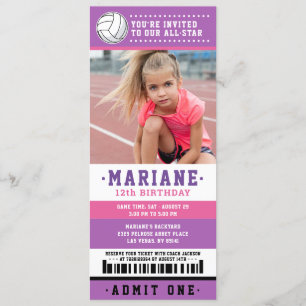 Invitation Billet de Volley-ball rose violet Anniversaire Pho