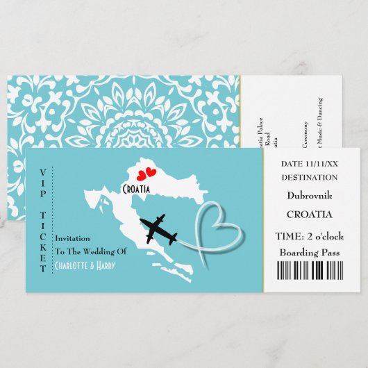 Invitation Billet d'embarquement Mariage Destination Croatie (Devant / Derrière)