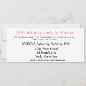 Invitation Billet d'entrée 16e fête d'anniversaire rose et bl (Dos)