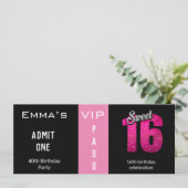 Invitation Billet d'entrée 16e fête d'anniversaire rose et no (Debout devant)