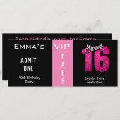 Invitation Billet d'entrée 16e fête d'anniversaire rose et no (Devant / Derrière)
