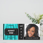 Invitation Billet d'entrée Anniversaire Photo Turquoise Noir (Debout devant)