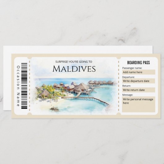 Invitation Billet d'entrée modifiable Maldives Plane Boarding (Devant / Derrière)