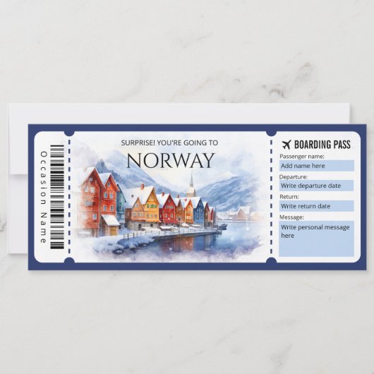 Invitation Billet d'entrée modifiable Norvège Plane Boarding  (Devant)