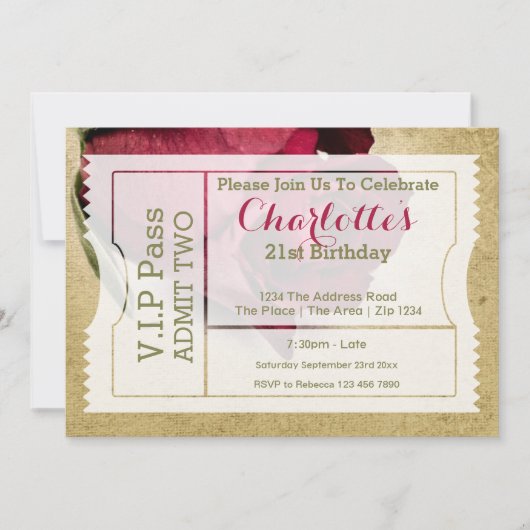 Invitation Billet d'entrée VIP Pass Party Red Rose (Devant)