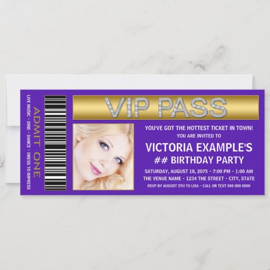 Invitation Billet d'entrée VIP Pass violet fête d'anniversair (Devant)