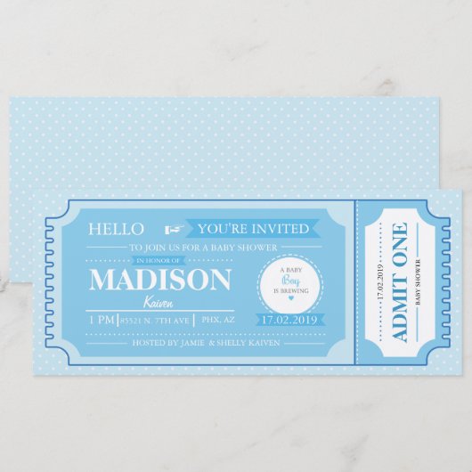 Invitation Billet d'événement Baby Blue Baby shower (Devant / Derrière)