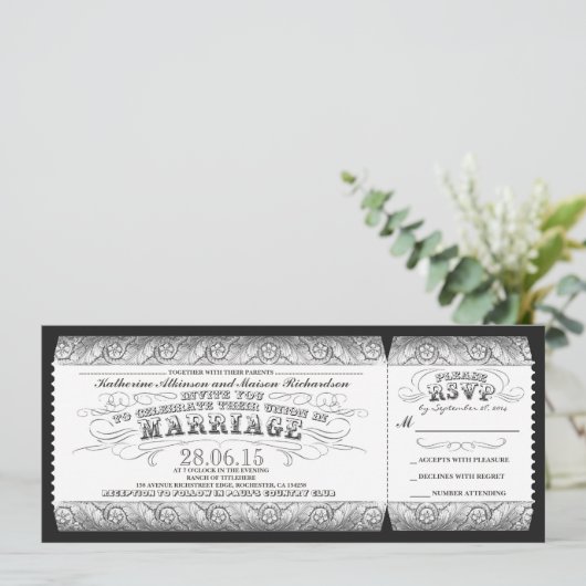 Invitation billet d'invitation pour mariage blanc gris noir (Debout devant)