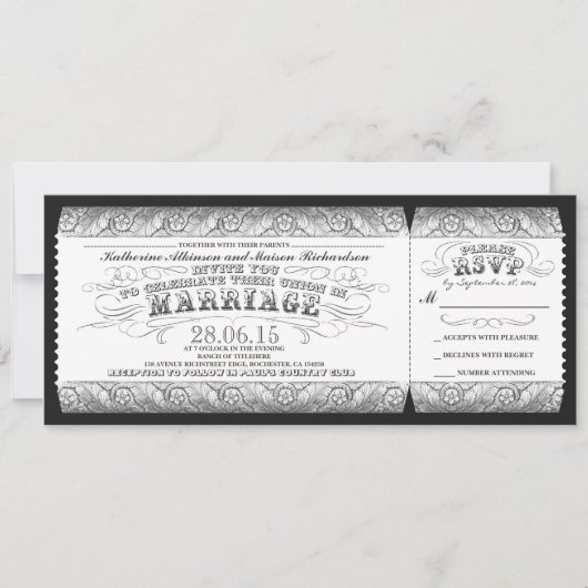 Invitation billet d'invitation pour mariage blanc gris noir (Devant)