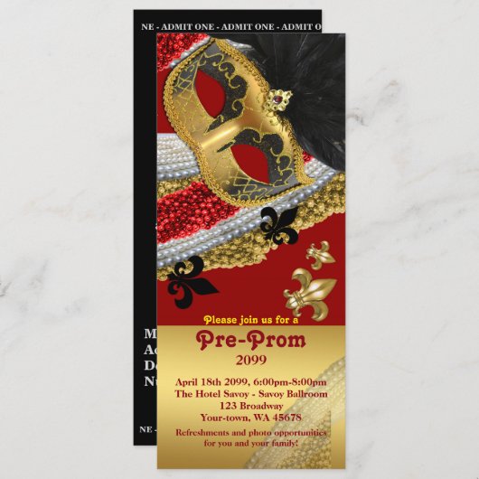 Invitation Billet d'invitation pré-prom, Pré Prom, masquerade (Devant / Derrière)