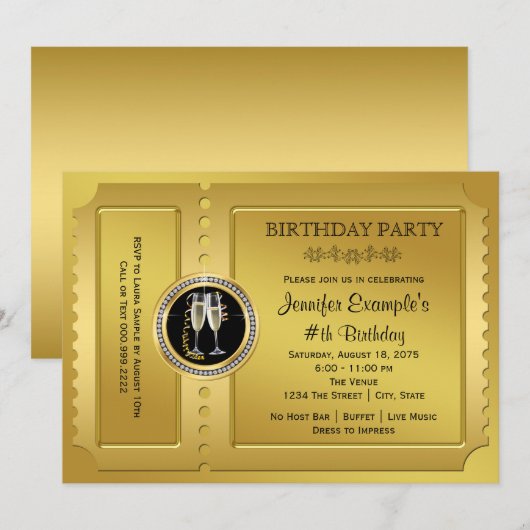 Invitation Billet d'or élégant fête d'anniversaire (Devant / Derrière)