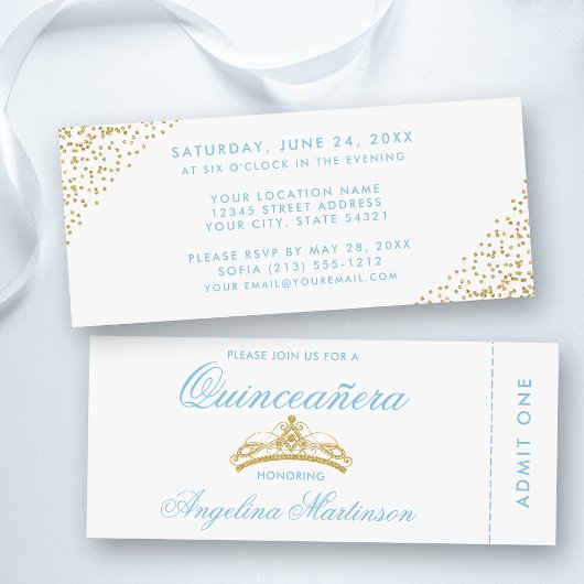 Invitation Billet élégant Quinceanera bleu et or