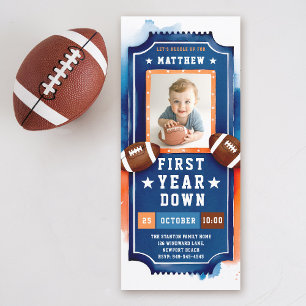 Invitation Billet Football Photo Blue Orange Boy 1er annivers