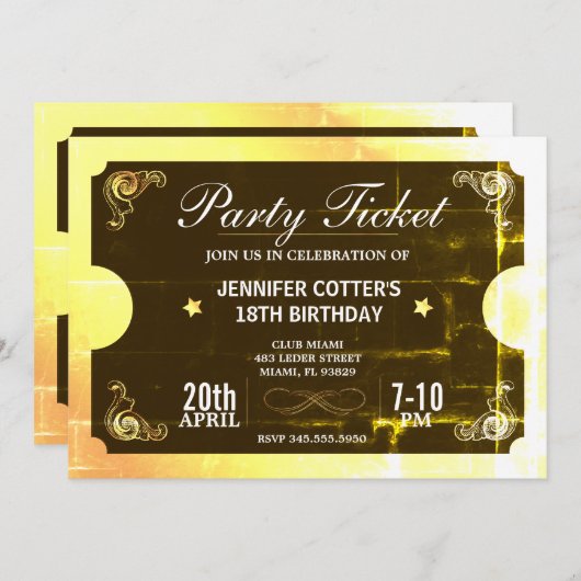 Invitation Billet Golden Party (Devant / Derrière)