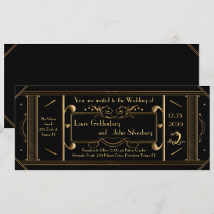 Invitation billet mariage art déco, noir, dos noir