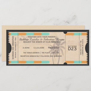 Invitation Billet Mariage Orange Turquoise Palm Tree Boarding